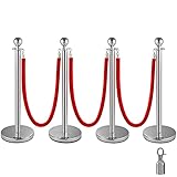 FlowerW Set of 4 Silver Round Top Queue Barrier Posts Stands Security Stanchion Rope Divider with 1.5M Red 3 Velvet Rope