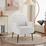 IWMH Armchair for Living Room, Teddy Fluffy Fabric Accent Chair for Bedroom, Reading TubChair Comfy Big Mid Century Occasional Chair, Metal Legs (White)