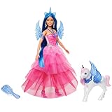 Barbie Unicorn Toy, 65th Anniversary Commemorative Doll with Blue Hair, Pink Gown and Accessories like Sapphire Wings and Pet Alicorn, HRR16