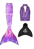 Mermaid Planet Woman's 3 Piece Vivid Colour Swimming Mermaid Tail, Top & Wear-Resistant Magic Fin Monofin. Purple Rain. Size 8-10