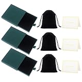 3Pcs Jewellery Gift Box Set with 3Pcs Velvet Pouches & Cards 9× 9× 1.7 cm Small Gift Boxes for Bracelets, Earrings & Necklaces(Dark Green)