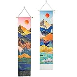 2Pcs Mountain Wall Hanging, Sunrise and Sunset Tapestry with Tassels, Forest Tree Tapestries for Home Decorations Bedroom Dorm (130cm*32.5cm)