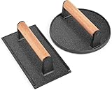 MEETOZ 2PCS Burger Press, 7" Round & 8.2"X 4.3" Rectangle, Heavy-Duty Cast Iron Grill Press with Wood Handle, Smash Burger Press Perfects for Griddle, Sandwich, Nonstick Pan