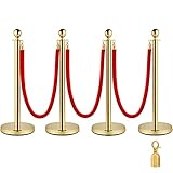 VEVOR Stainless Steel Barrier Post Rope Delivery Stand Ball Head 3 Red Velvet Ropes Golden Column 4 Pack Crowd Control Barriers