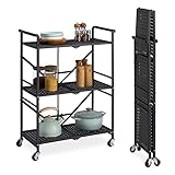 Navaris Folding Metal Trolley on Wheels - 3 Tier Collapsible Kitchen Cart - Service Shelves for Beauty Drinks & Other Storage - 33.5 x 69 x 93 cm