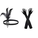 SKHAOVS 1920s Flapper Headband, 1920s Accessories for Women, Black Elbow Gloves Beaded Gatsby Headpiece, Great Gatsby Costume Accessories, Long Evening Gloves for Halloween Costume Prom Party (2 Pcs)