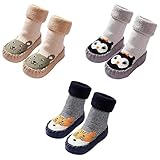FedMois 3 Pairs Baby Winter Thermal Thick Anti-slip Indoor Slipper Shoes Socks, dog, owl and hamster, 12-18 months