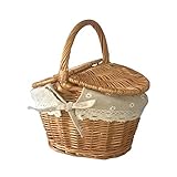 URMAGIC Small Wicker Picnic Basket,25 x 18cm Vintage Picnic Hamper with Double Lid,Handle and Linner,Oval Willow Storage Basket,Portable Storage Basket for Picnic,Outdoor,Camping