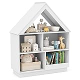 COSTWAY Kids Bookshelf, 3-Tier Children Bookcase Toy Storage Shelf with 5 Cubes, Wooden Doll House Book Shelf for Kids Rooms, Playroom, Nursery, Classroom (White)
