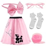 Maazusa 1950s Poodle Dress Costume for Girls Poodle Skirt Set Skirt Bow Headband Scarf Glasses Frame Socks 50s Retro Dress Outfit for Halloween Party (8-10Y)