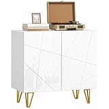 HOMCOM Storage Cabinet with High Gloss, Freestanding Sideboard with Adjustable Shelf, Soft-Close Doors and Gold Tone Hairpin Legs for Living Room, Dining Room, Hallway, White