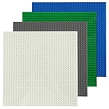 4 Pack Classic Baseplates Compatible with Lego, 10"x10" Square Base Plate with 32 x 32 Studs, Large Building Bricks Building Board Build and Display Board Set for Major Brands, Grey/Green/White/Blue