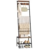 HOOBRO Blanket Ladder, Towel Rack for Living Room and Bedroom, Decorative Ladder Shelf with Hooks, Metal Frame, Giraffe Shape, Industrial Style, Rustic Brown and Black EBF13CJ01