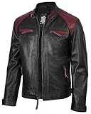 fjackets Real Lambskin Leather Biker Jacket — Quilted Cafe Racer Zip Up Moto Jacket Men | [1107894] Rollins Black and Maroon Leather Jacket,L