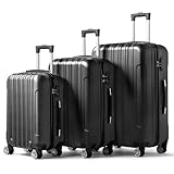 Karlhome Set of 3 Suitcase Set, Luggage Sets with 4 Rolling Spinner Wheels Combination Lock, Lightweight Hardside Carry On or Check in Trolley Travel Case, Black ABS Hard Shell