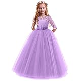 IWEMEK Flower Girls 3/4 Sleeve Floral Lace Tulle First Communion Pageant Dresses Kids Big Girls Princess Birthday Carnival Christmas Bridesmaid Wedding Party Prom Ball Gown Purple 7-8 Years