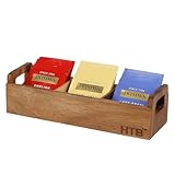 HTB Small Tea Bag Box Wooden, 3 Compartments Acacia Wood Tea Bag Chest with Handle, Mini Countertop Divided Storage Container for Beverage Supplies, Sugar, Sweeteners, Individual Packets