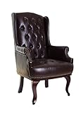 ANGEL HOME & LEISURE New Queen Anne Fireside High Back Orthopedic Wing Back Leather Chair Chesterfield Type Winged Armchair (Brown)