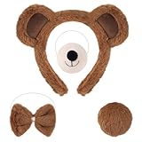 GWAWG 4PCS Bear Costume Accessories, Fluffy Bear Ears Headband Bear Nose Bow Tie and Tail Set, Cute Bear Fancy Dress Animal Costume Accessory Kids Adult for Halloween Carnival Cosplay World Book Day