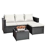 AOUXIN Rattan Garden Furniture Set, 3-Piece Outdoor Sectional Sofa, Black Wicker with White Cushions