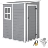 Outsunny 4 x 5FT Plastic Garden Shed with Floor, Lean to Outdoor Storage Shed, Lockable Tool Storage House with Window, Vent and Plastic Roof, Grey
