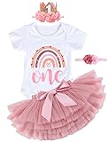 TOLOYE 1st Birthday Outfit for Girl, First Birthday Outfit with Short Sleeve Romper, Pink Tutu Skirt, 2pcs Headband, Cake Smash Outfit 1st Birthday, Baby Girl Dresses for Baby Party, Baby Shower
