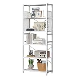 TREETALK 6 Tier Bookshelf, Standing Bookcase with 2 X-shape Strips,Metal Mesh Side Panels, 8 S-shaped Hooks, Industrial Storage Rack for Office, Living Room (White)