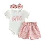 HZPHQY Toddler Baby Girl First 1st Birthday Outfit Short Sleeve Romper Onesie Shorts Sets Infant Summer Clothes (A Pink One, 12-18 Months)