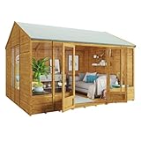 BillyOh Petra 12x10 Reverse Apex Summer House Shed, Log Cabin | Wooden Garden Room with Wide Double Doors, Tear Resistant Felt, Tongue and Groove Construction | Versatile Tiny Home or Garden Office