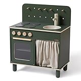 FLEXA Play Kitchen Wood - Wooden kitchen for children to play dinner, washing up and dessert preparation, full of functional details, Green