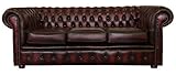 Chesterfield 3 Seater Sofa – Genuine Italian Leather in Antique Oxblood Red – Handmade – Deep Button Tufted Backrest, Scroll Arms, Solid Hardwood Frame & Mahogany Legs – Classic British Design