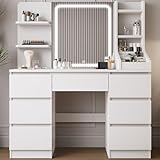 TRIUMPHKEY Dressing Table, Vanity Desk with Large Lighted Mirror, Adjustable Brightness, Modern Vanity Table with 7 Drawers, 4 Shelves and 3 Open Compartments for Bedroom, 110x40x139cm, White