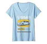 Womens Nissan 300ZX Retro Checkerboard Ad Sports Car V-Neck T-Shirt