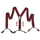 Harrington Marley Adjustable Dark Red Mens Braces | Strong With Leather Crosspatch Y Style Brace Suspenders Wide Thick 3.5 cm 6 Button | Smart City Suit Style Shirt