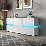 High Gloss Modern Sideboard Cabinet for Living Room - 2 Doors, 4 Drawers with LED Lights (White)