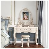 Victorian White Vanity Desk 80cm, Baroque Makeup Table with Drawers and LED Oval Mirror, Upholstered Stool, Dressing Table for Princess Women Girls