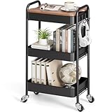 KINGRACK 3 Tier Metal Storage Trolley on Wheels with Removeable Wooden Worktop Trap Table Cover, Beauty Book Craft Tea Art Trolley for Home Bathroom Kitchen Laundry, No screws needed Easy