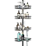 HapiRm Telescopic Shower Caddy Corner - Height Adjustable Bathroom Shelf from 26.4 to 108.3 inch, Rustproof Shower Caddy with 4 Tier & 22 Hooks, No Drilling Shower Shelf, Bathroom Shelves