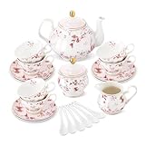 fanquare 21 Pieces Pink Leaves Bone China Tea Set, Porcelain British Coffee Cup and Saucer Set for 6, Elegant Afternoon Tea Party Service for Adults