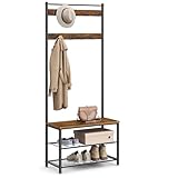 VASAGLE Coat Rack, Hallway Cabinet, Cloakroom, Clothes Rack, with Bench and Shoe Shelves, Hooks, Metal Frame, Height 175 cm, Industrial Style, Rustic Brown and Black HSR41BX