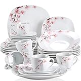 VEWEET 'Annie' 30-Piece Dinner Set, Ivory White Dinnerware Set, Pink Floral Tableware Set of Porcelain Plate Set, Cups and Saucers Set Service for 6, Dishwasher & Microwave Safe