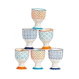 Argon Tableware Hand Printed Egg Cups - Pack of 6 - Multicolour Assorted Set Porcelain Breakfast Brunch Easy Clean Hard Soft Boiled Eggs Dipping Holder Stand for Breakfast, Brunch