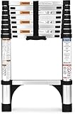 HBTower Telescopic Ladder 2.6M/8.5FT with Non-Slip Feet, Thickened High-Strength Aluminum Extendable ladders, Adjustable Height Collapsible Ladder for Caravans lofts, outdoors and Interiors,Silver