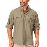 mosingle Men's Long Sleeve Hiking Shirt, Sun UV Protection Safari Fishing Outdoor Shirt Quick Drying Lightweight Walking Travel Shirts #5053-Khaki-L