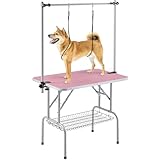 Yaheetech 91cm Pet Dog Grooming Table Height Adjustable Dog Beauty Table for Large Small Dogs/Cats w/Storage Basket/Noose Tools 164cm High Pink