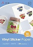 A-SUB White Glossy Premium Waterproof Printable Vinyl Sticker Paper, Self-Adhesive Vinyl Labels for Inkjet Printers, A4 Size, 20 Sheets