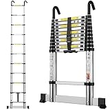 Telescopic Ladder 3.2M/10.5FT Aluminium Extension Loft Ladder with Stabilizer Bar and Detachable Hooks, Multi Purpose Extendable Portable Folding Ladders, 11 Steps, EN131