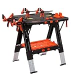 PONY 2-in-1 Folding Workbench, 227 kg Work Bench & 454 kg Saw Horse, 6 Adjustable Height Portable Work Table4 Quick Clamps, 4 Clamp Dogs & Tool Tray, 79 x 89 x 63.5 cm