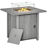 Outsunny Propane Gas Fire Pit Table for Garden, 40000 BTU Smokeless Firepit Outdoor Patio Heater with Waterproof Cover, Glass Screen, Glass Beads and Lid, Wood Effect, 71 x 71 x 62.5cm, Grey
