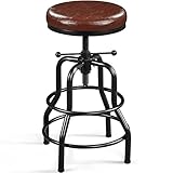 Yaheetech Industrial Bar Stools Rustic Kitchen Height Adjustable Barstool (54.5-71.5 cm) Chairs Round with Faux Leather Seat, Footrest for Kitchen Counter, Home Bar, 1PCS
